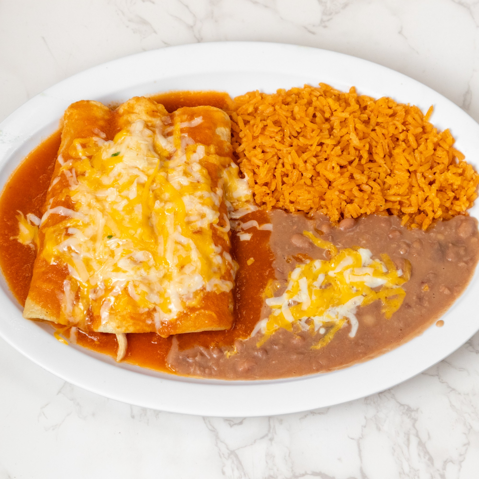 Three cheese enchiladas covered in red sauce, served with orange rice and refried beans.