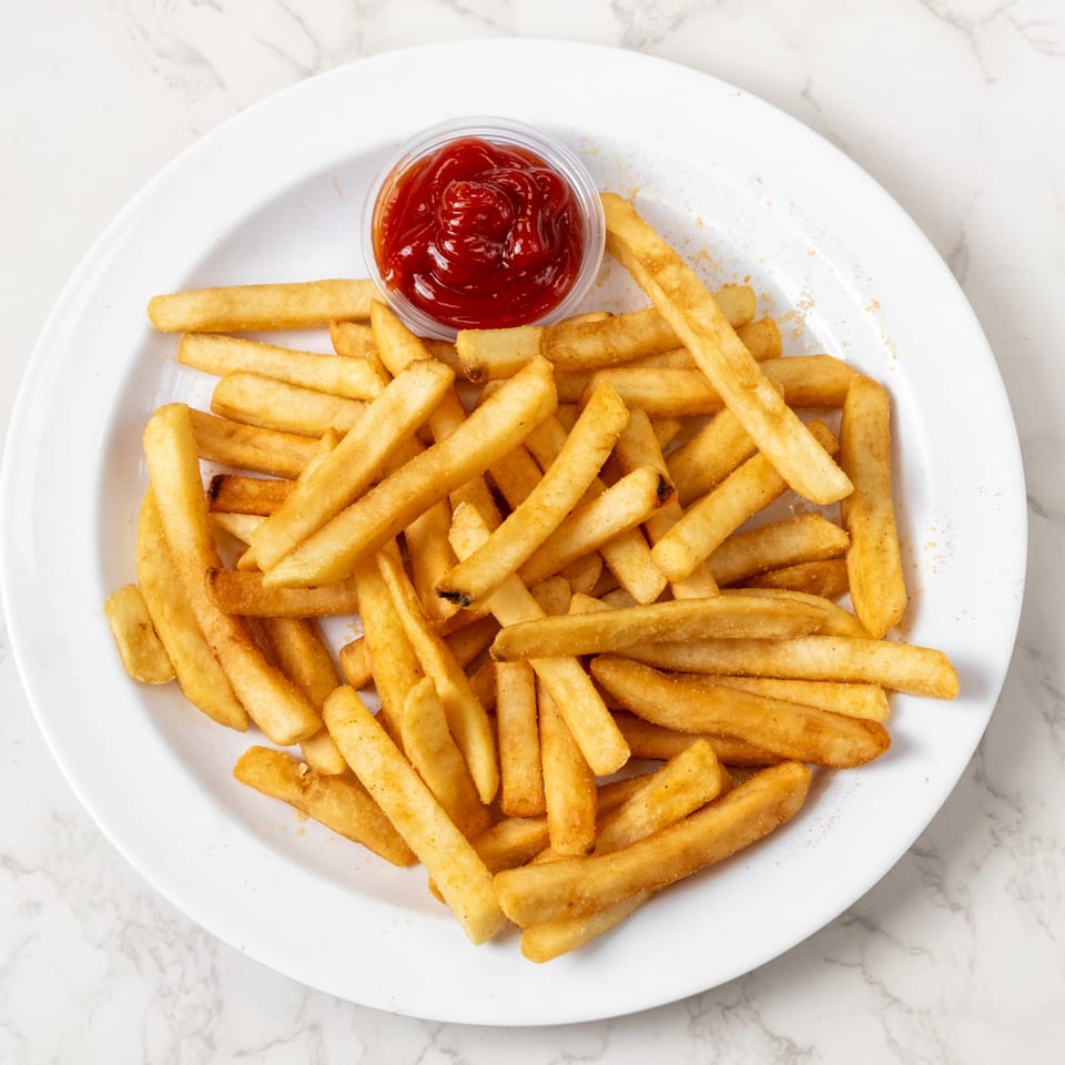 Golden french fries with a side of ketchup on a white plate.